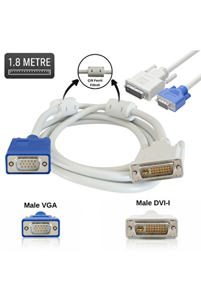 VOREX 1.8 Mt. DVI-I to VGA Kablosu (Ferrit Çekirdekli) Analog Görüntü PC Moni...