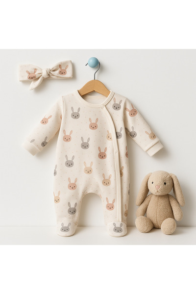 mini mia 100% Organic Cotton Rabbit Printed Romper with Footies