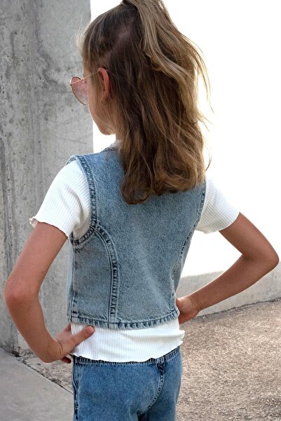 Breeze Γιλέκο για κορίτσια τζιν με κουμπιά που κλείνει με λαιμόκοψη σε σχήμα V 4-14 ετών, γαλάζιο