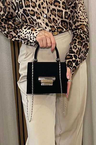 themoiss Women's Black Suede Evening Bag - Chain Strap Detail, Minimal Model ...