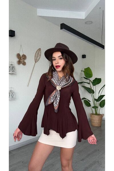modadagiyim Burgundy Scarf Detail Asymmetrical Cut Spanish Sleeve Very Stylish Blouse