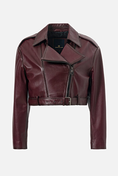 Dericlub Lenora Women's Cropped Biker Real Leather Jacket Bordo