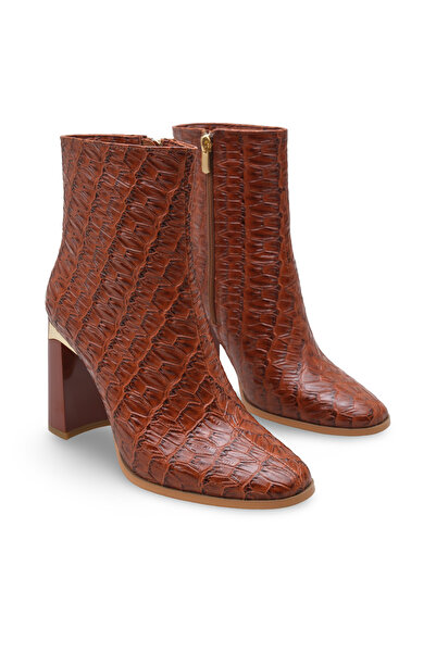 Women Lay-z حذاء نسائي من جلد التمساح باللون البني اللامع بكعب 9.5 سم ومقدمة مربعة أنيق مناسب للاستخدام اليومي والليلي