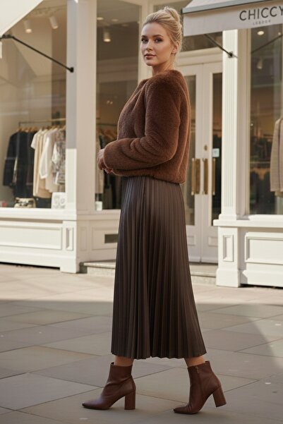 Chiccy Καφέ φούστα με πλισέ ελαστική μέση casual από συνθετικό δέρμα μακριά υφαντή φούστα 95 60