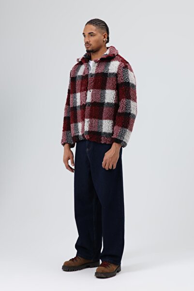 VAMOSCLO Oversized Plush Plaid Jacket Burgundy