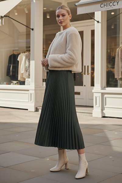 Chiccy Χακί φούστα με πλισέ ελαστική μέση casual από συνθετικό δέρμα μακριά υφαντή φούστα 95 60