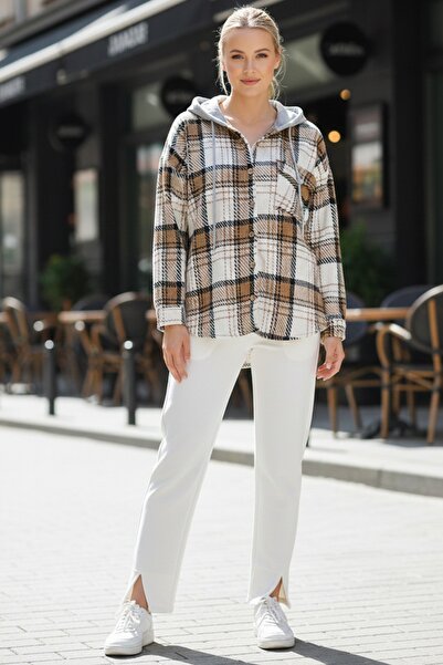Chiccy Coffee-White Hooded Long Sleeve Lumberjack Plaid Button Pocket Woven Shirt 68 65