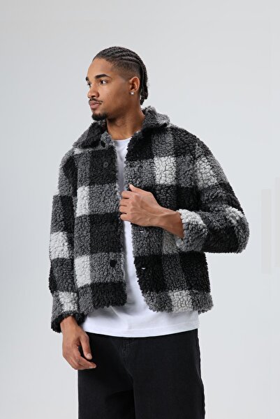 VAMOSCLO Oversized Plush Plaid Jacket Black