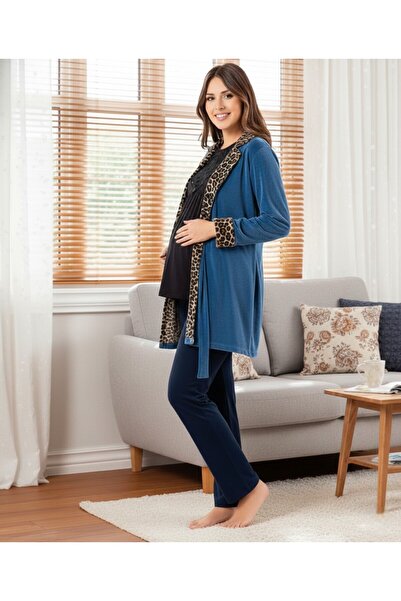Miss Dünya Lissa Cobalt Blue Velvet Maternity Pajama Set Suitable for Breastfeeding Pregnant and Postpartum Women