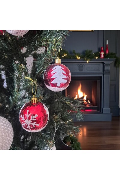 kapella كرة رأس السنة مقاس 6 سم بنمط شجرة الثلج الأحمر، مجموعة من 6 قطع AST6942