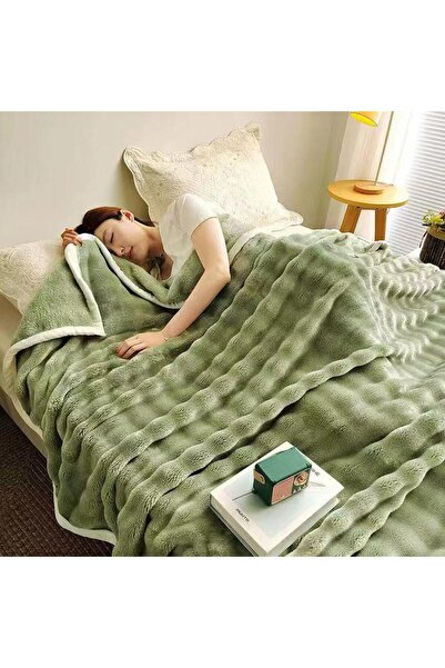 trendyhome Artificial Rabbit Fur Blanket – Sage Green, Wavy, 200×230 cm (N15150)