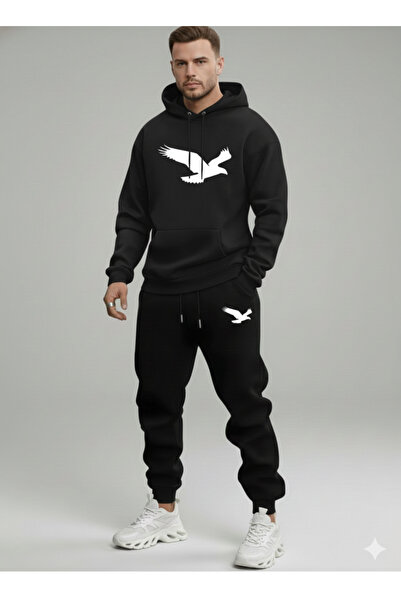 NİCE Men's Eagle Printed Hooded Tracksuit Set-Top and Bottom Set