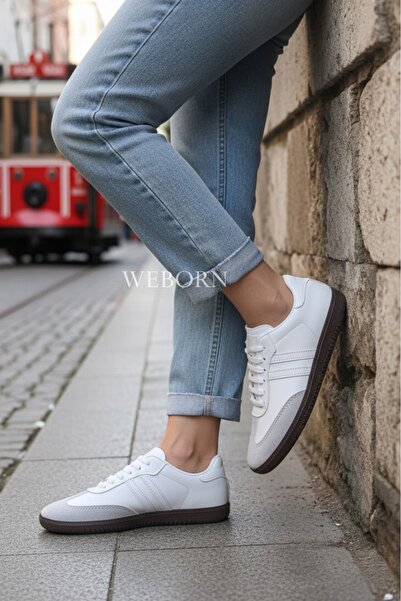 WEBORN Γυναικεία αθλητικά παπούτσια από συνθετικό δέρμα με ελαφριά άνετη σόλα σε λευκό γκρι λευκό ριγέ