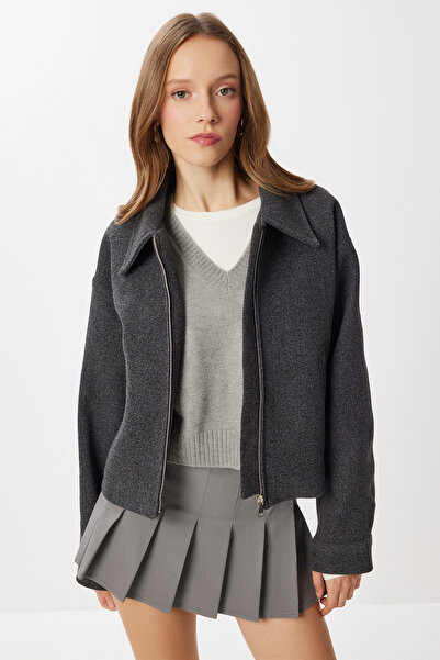 Lovelyİstanbul Polo Collar Zippered Cashmere Jacket Loh0017 Anthracite