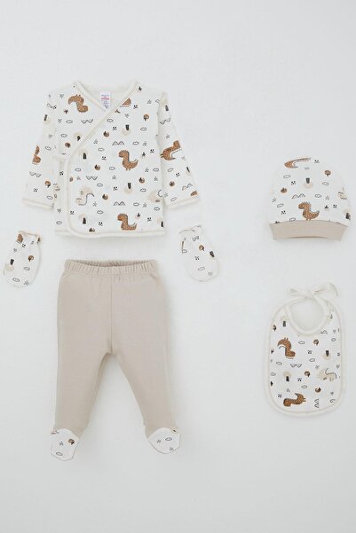 Breeze Baby Boy Hospital Release 5-Piece Set Nature-Themed Cute Little Dinosaur Patterned 0-3 Months, Ecru