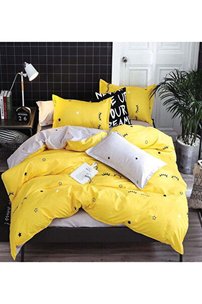 trendyhome Double Bed Linen, Satin Cotton 4-Piece – Stars/Eyelashes, Yellow/White (A 50-276)