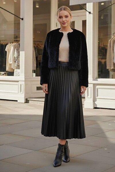 Chiccy Μαύρη φούστα με πλισέ ελαστική μέση casual από συνθετικό δέρμα μακριά υφαντή φούστα 95 60