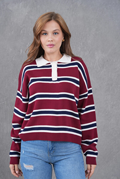 Park Karon Women's Polo Neck Striped Soft Textured Oversized Knitwear Sweater