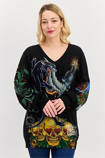 Christian Audigier Women V-Neck Graphic Print Sweater, Black Combo
