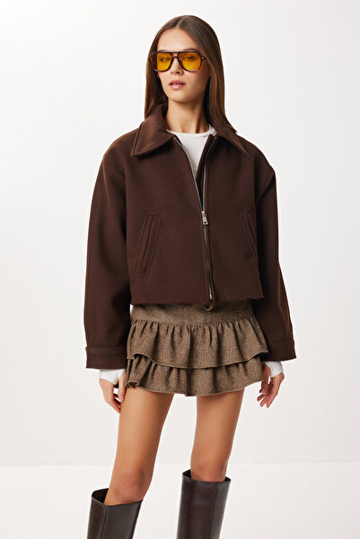 Lovelyİstanbul Μπουφάν με φερμουάρ και λαιμόκοψη πόλο LOH0017 ΣΚΟΥΡΟ ΚΑΦΕ