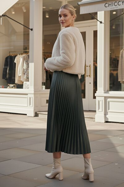 Chiccy Χακί φούστα με πλισέ ελαστική μέση casual από συνθετικό δέρμα μακριά υφαντή φούστα 95 60