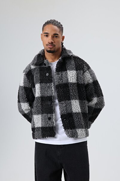 VAMOSCLO Oversized Plush Plaid Jacket Black
