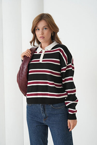 Park Karon Women's Polo Neck Striped Soft Textured Oversized Knitwear Sweater