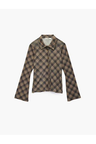 Koton Classic Collar Buttoned Slim Fit Plaid Tulle Cardigan