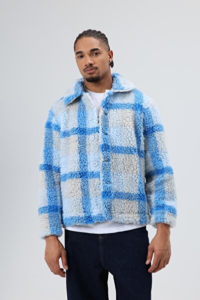 VAMOSCLO Oversized plush plaid jacket blue