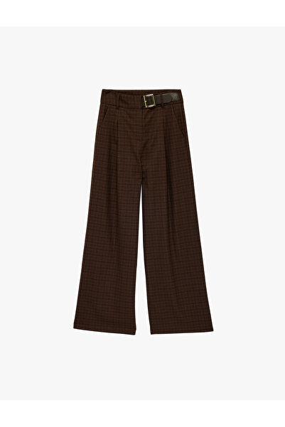 Koton High Waist Belt Detailed Plaid Wide Leg Trousers