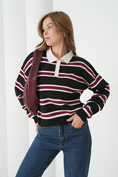 Park Karon Women's Polo Neck Striped Soft Textured Oversized Knitwear Sweater