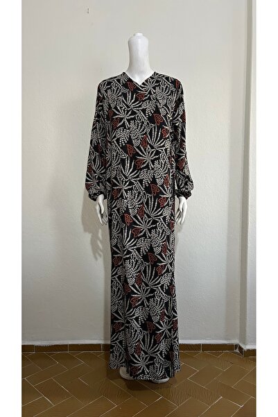 GİZGİYİM Black Viscose Patterned Side Tie Prayer Dress Plus Size