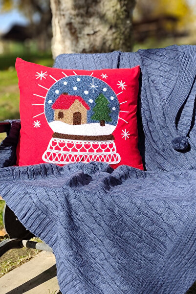 Sevim Husă pentru pernă roșie brodată cu tematică de Anul Nou-Sferă de zăpadă-43x43 cm