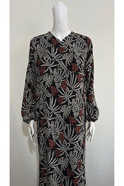 GİZGİYİM Black Viscose Patterned Side Tie Prayer Dress Plus Size