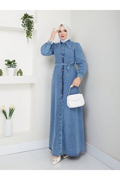 MODA TAY KADIN İNCİ DETAYLI KOT ELBİSE