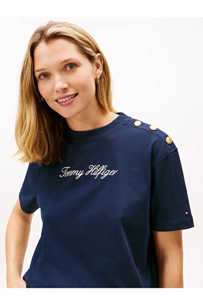 Tommy Hilfiger Women's Logo Short Sleeve Cotton Navy T-Shirt Ww0Ww47819-C1G