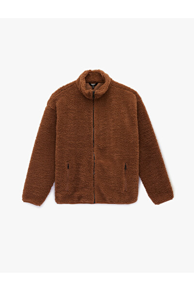 Koton Uzun Kollu Fermuarlı Cepli Dik Yaka Peluş Ceket