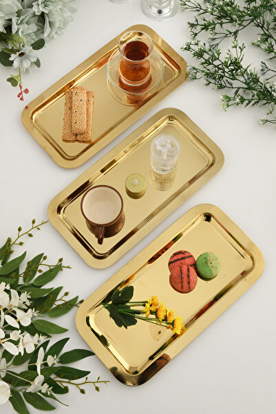 AKSESUAR EVRENİ Dalin Gold Dikdörtgen Paslanmaz Çelik 3'lü Takım Çay Kahve Servis Sunum Tepsisi