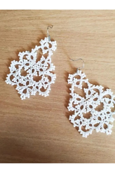 Ileanabiju Cercei albi din dantela frivolite, cercei lucrati cu suveicuta, bi...