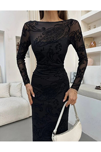 cemo Kayık Yaka Siyah Tül Midi Elbise