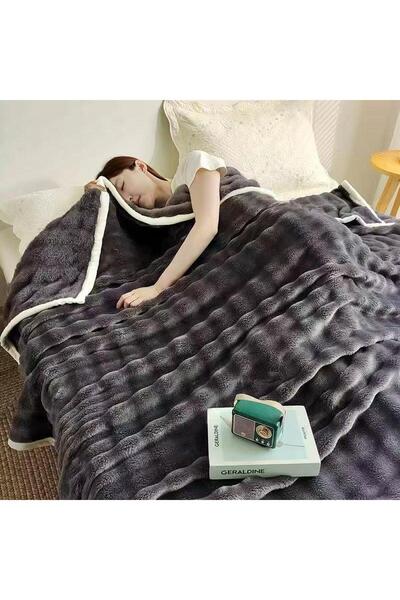 trendyhome Faux Rabbit Fur Blanket – Dark Grey, Wavy 3D, 200×230 cm