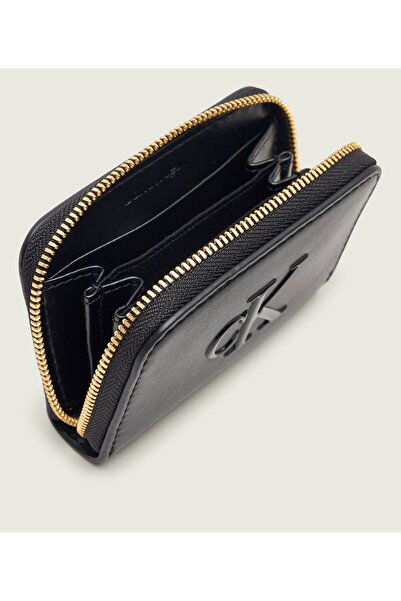Calvin Klein Women's Ck Patterned Zipper Closure Black Wallet with Card Compartment Lv04F1154G-Ub1