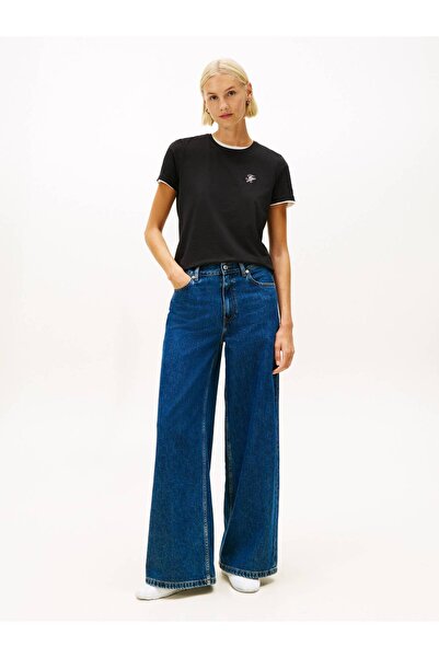 Tommy Hilfiger Women's Brand Logo Detailed Striped Regular Fit Short Sleeve Black T-Shirt Ww0Ww47809-Bds