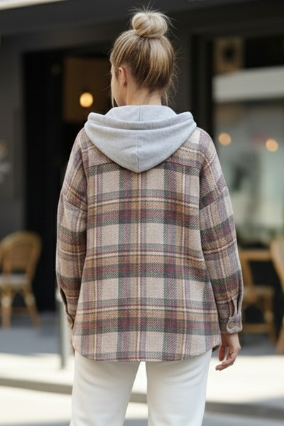 Chiccy Beige-Brown Striped Hooded Long Sleeve Lumberjack Plaid Buttoned Pocket Woven Shirt 68 65