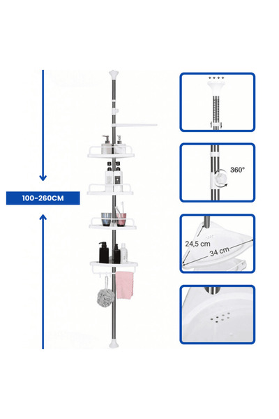 OferteTop Etajeră de Colț pentru Baie cu 4 Rafturi și Suport de Prosoape, Reglabilă pe Înălțime