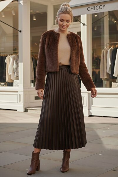 Chiccy Καφέ φούστα με πλισέ ελαστική μέση casual από συνθετικό δέρμα μακριά υφαντή φούστα 95 60