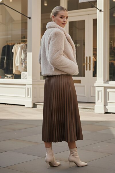 Chiccy Φούστα Camel με πλισέ ελαστική μέση casual από συνθετικό δέρμα μακριά υφαντή φούστα 95 60