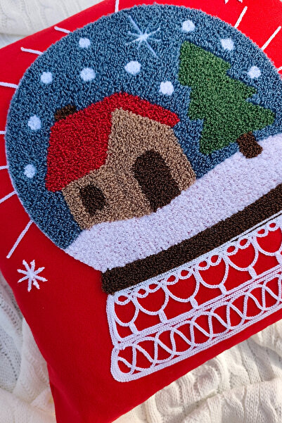 Sevim Husă pentru pernă roșie brodată cu tematică de Anul Nou-Sferă de zăpadă-43x43 cm