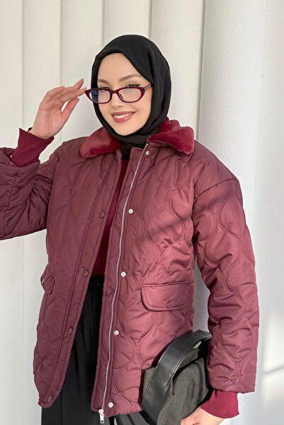 Modaensarbutik Yakası Kürklü Kapitone Şişme Mont-BORDO