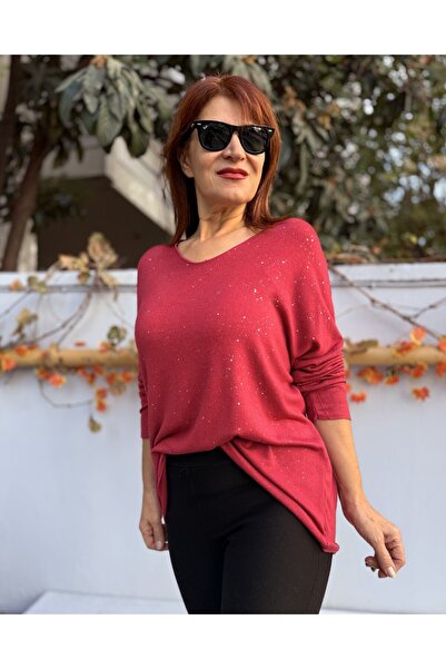 DenizEge Soft Textured Glitter Knitwear Burgundy